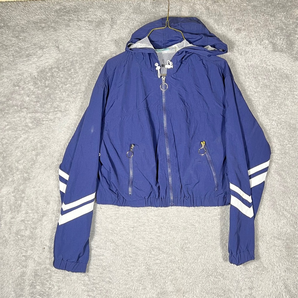 Cisono Active Navy Blue White Striped Cropped Windbreaker Jacket NY Womens‎ L